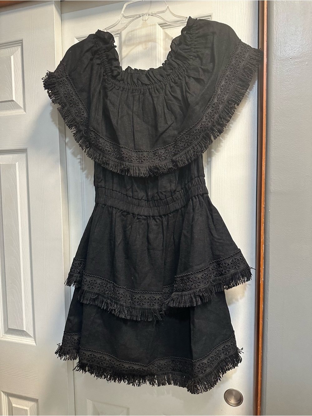 Black Tiered Mini Dress with Fringe Trim